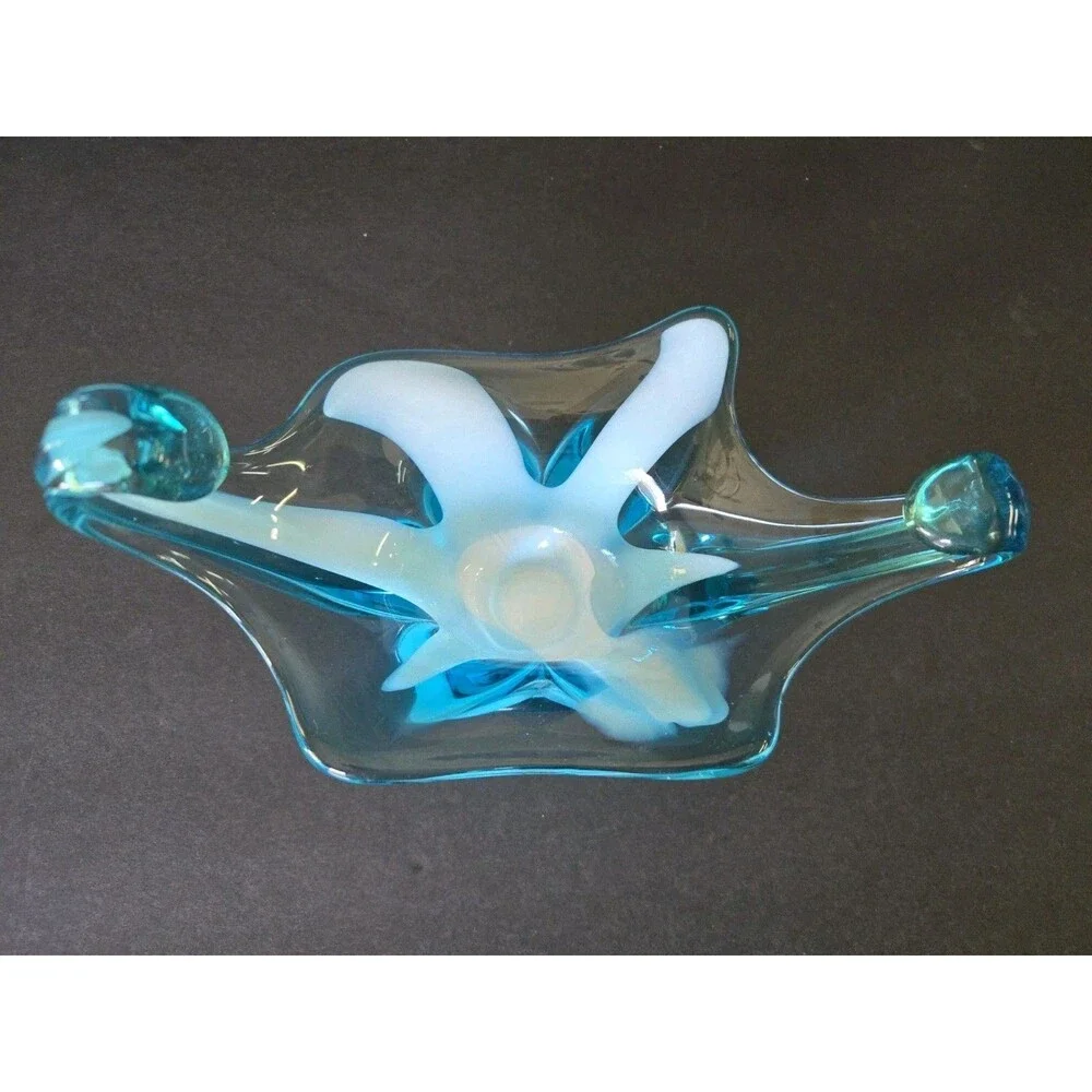 Vintage Aqua Blue & White Starfish Glass Centerpiece Bowl Freeform Retro Decor